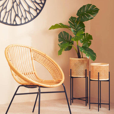 Orsina Depok Large Rattan Planter with Modern Black Metal Stand