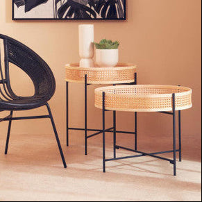 Orsina Depok Round Rattan Coffee Table with Black Metal Cross Base