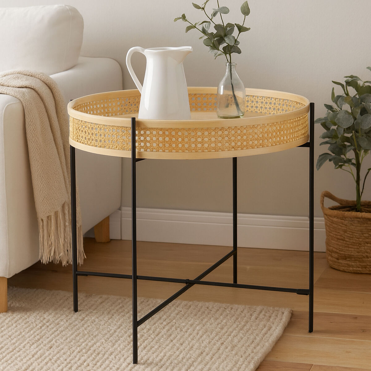 Orsina Depok Round Rattan Coffee Table with Black Metal Cross Base