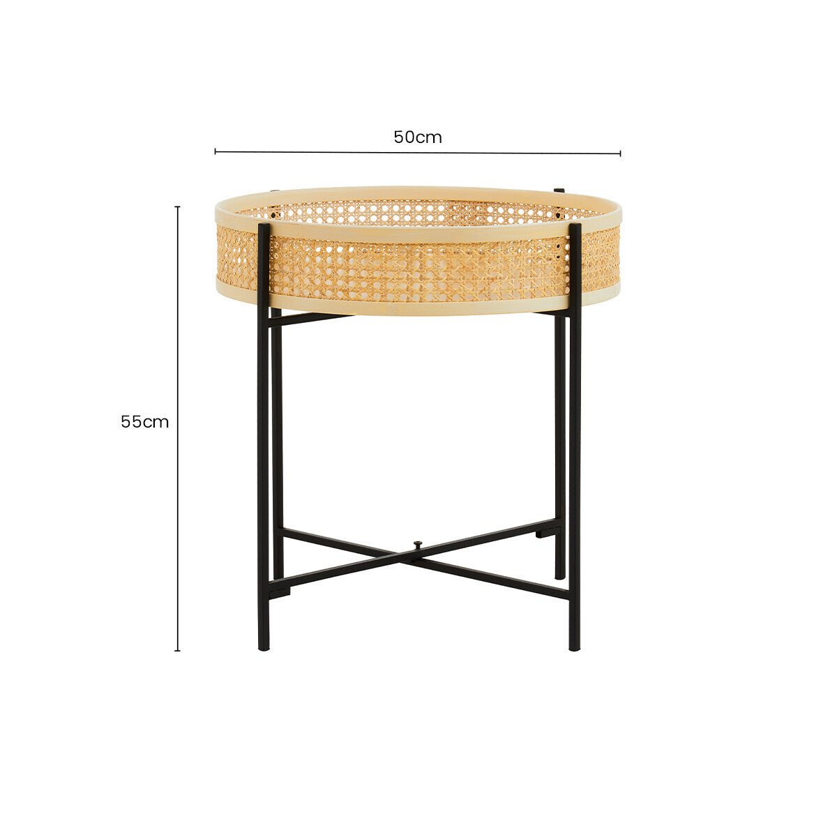 Orsina Depok Round Rattan Side Table | Black Metal Cross Base Legs
