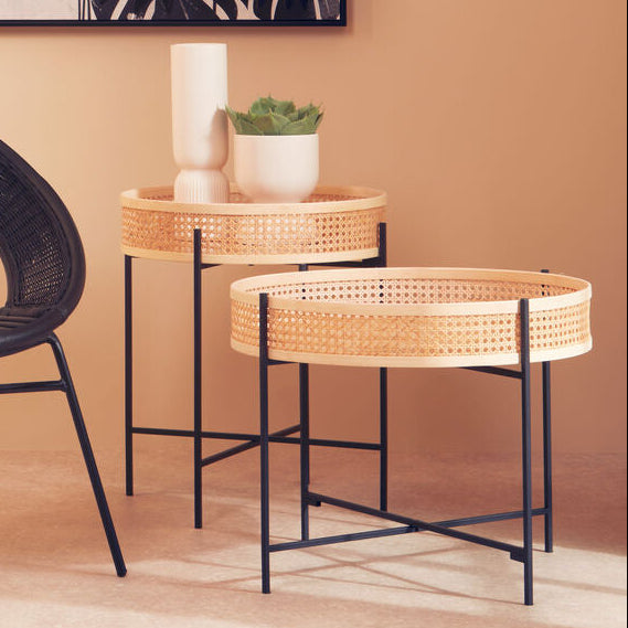 Orsina Depok Round Rattan Side Table | Black Metal Cross Base Legs