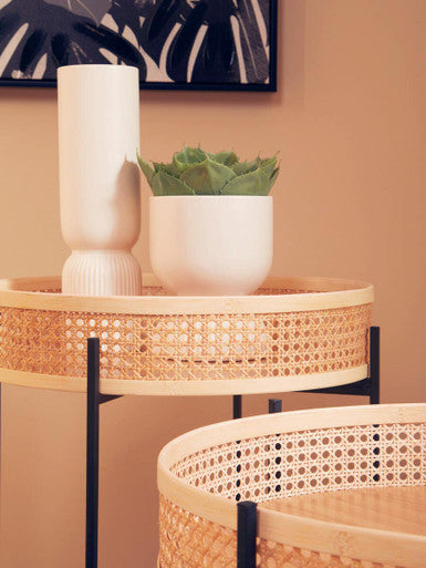 Orsina Depok Round Rattan Side Table | Black Metal Cross Base Legs