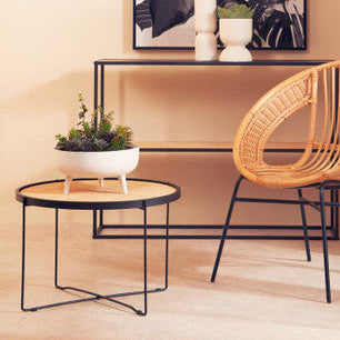 Orsina Depok Round Rattan Coffee Table with Black Metal Cross Legs