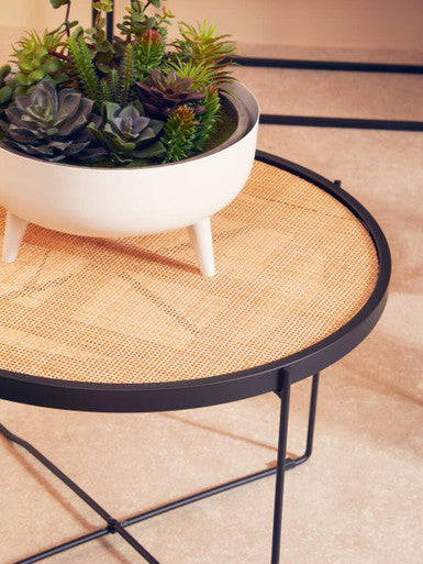 Orsina Depok Round Rattan Coffee Table with Black Metal Cross Legs