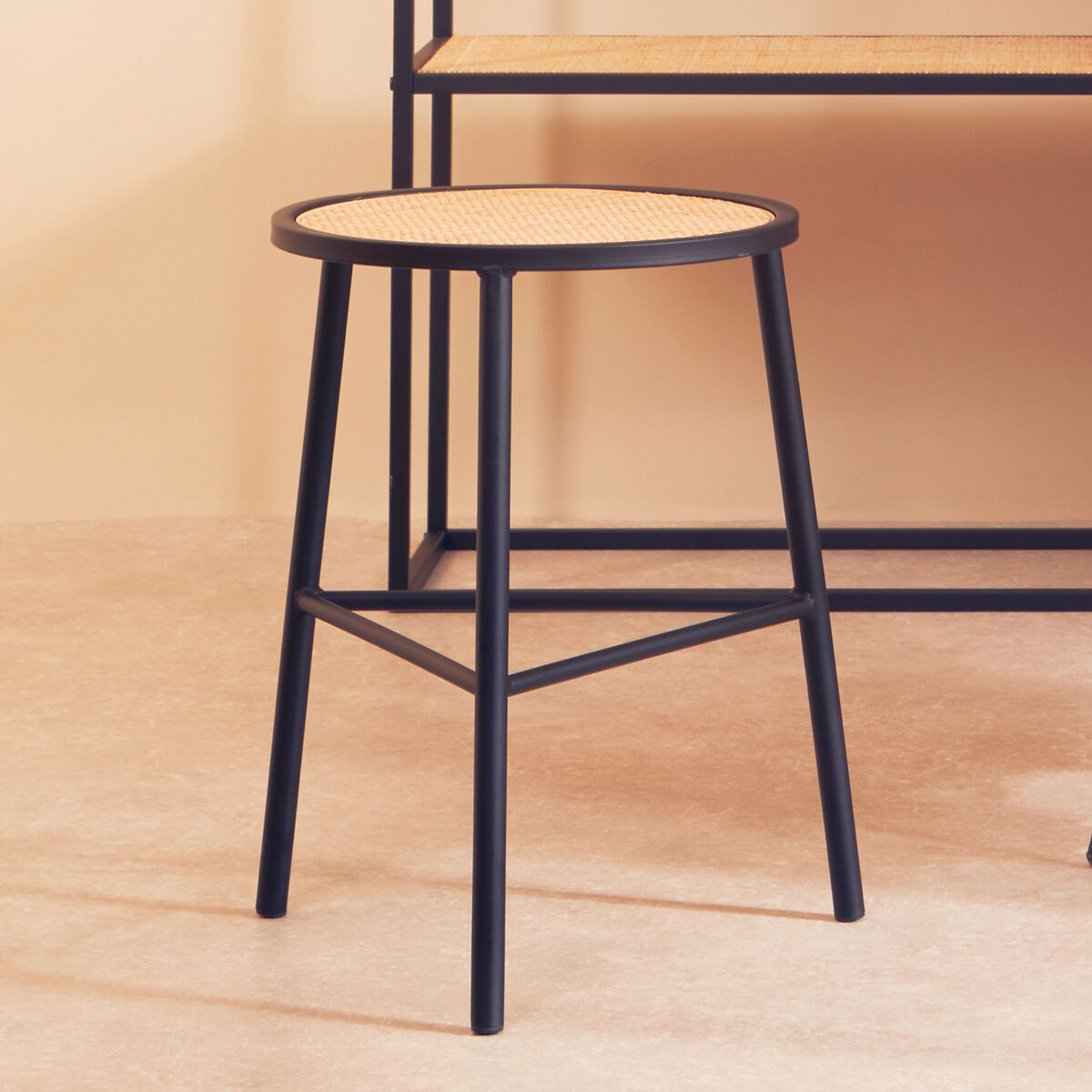 Orsina Depok Rattan Seat Stool – Round Natural Seat with Metal Legs