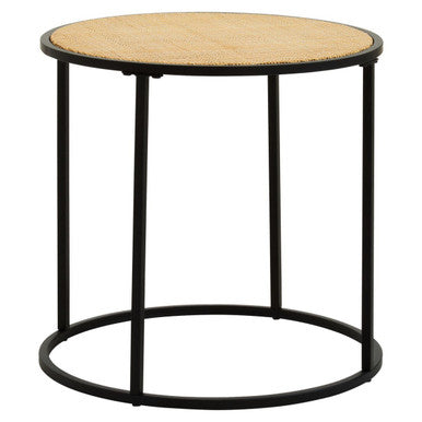 Orsina Depok Round Rattan Side Table – Natural Wood with Black Metal Base
