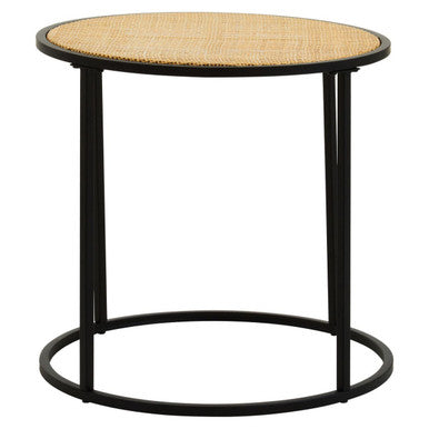 Orsina Depok Round Rattan Side Table – Natural Wood with Black Metal Base
