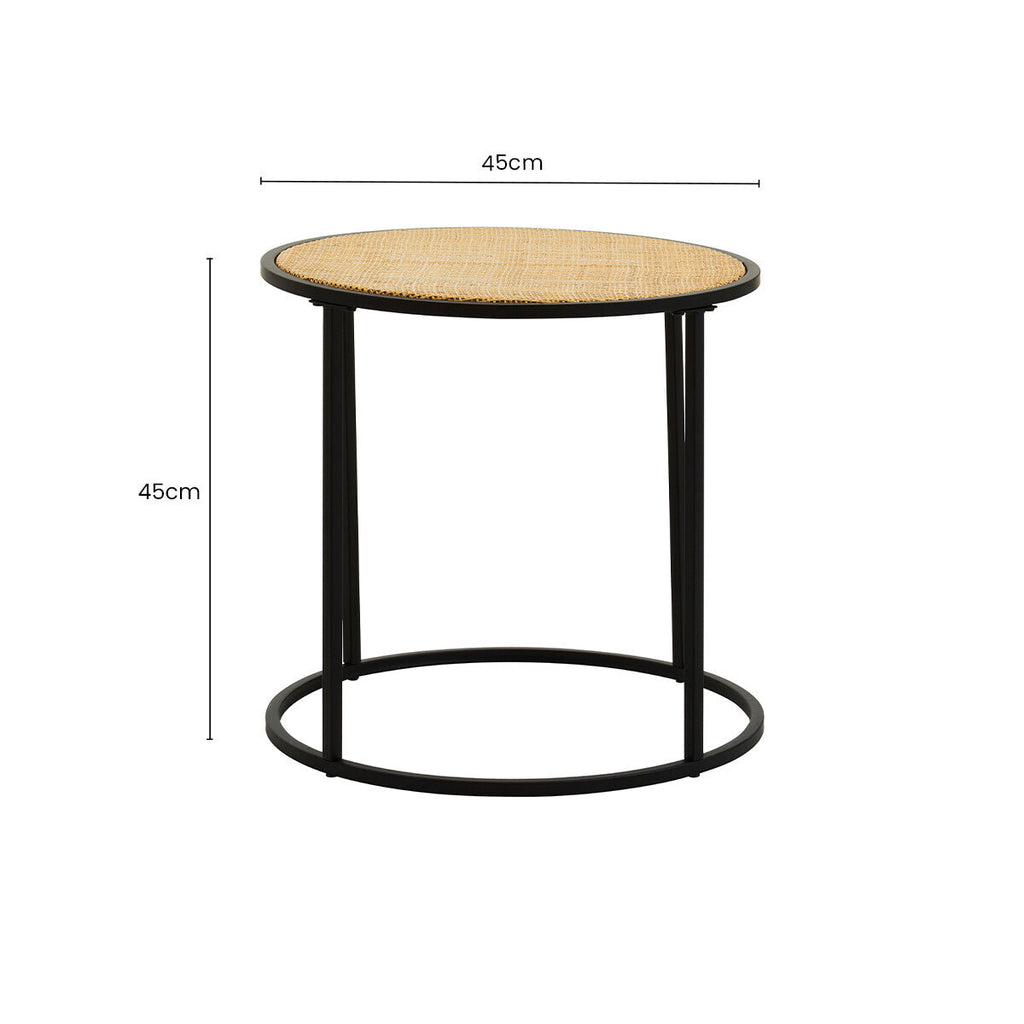 Orsina Depok Round Rattan Side Table – Natural Wood with Black Metal Base