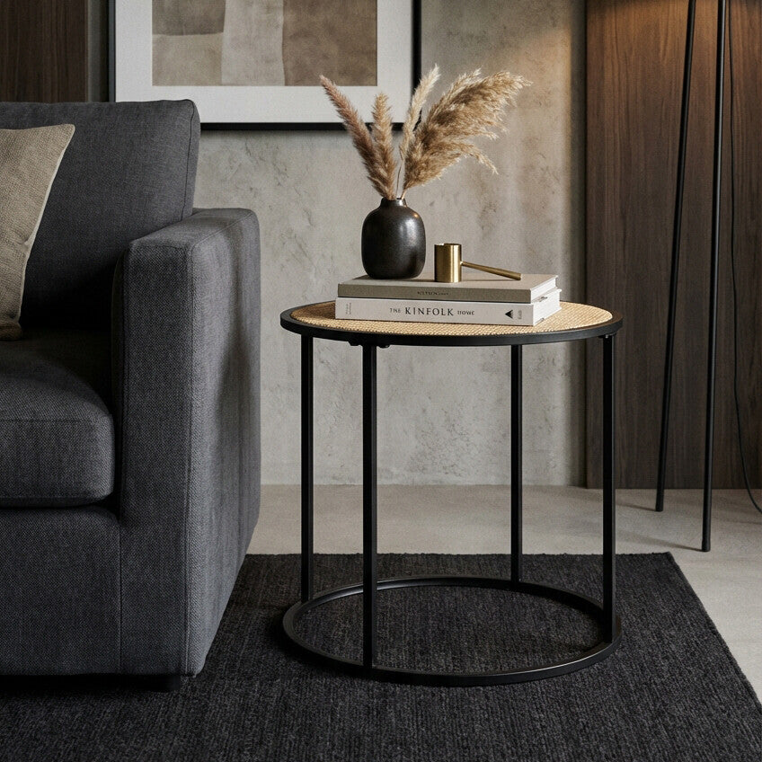 Orsina Depok Round Rattan Side Table – Natural Wood with Black Metal Base