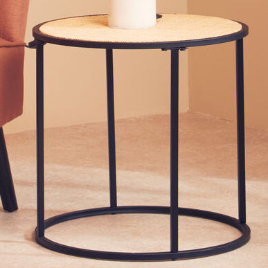 Orsina Depok Round Rattan Side Table – Natural Wood with Black Metal Base