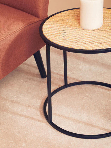 Orsina Depok Round Rattan Side Table – Natural Wood with Black Metal Base
