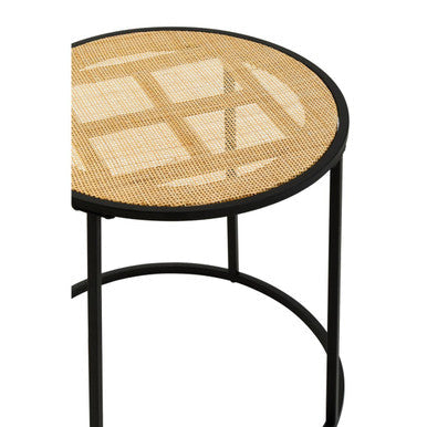 Orsina Depok Round Rattan Side Table – Natural Wood with Black Metal Base