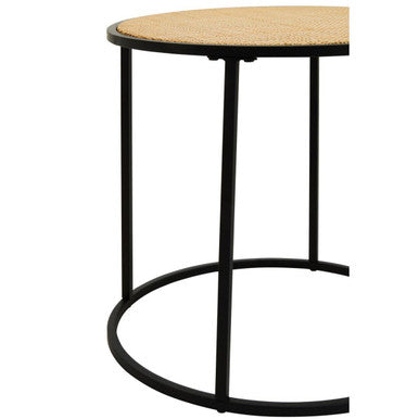 Orsina Depok Round Rattan Side Table – Natural Wood with Black Metal Base