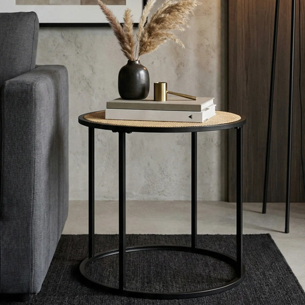 Orsina Depok Round Rattan Side Table – Natural Wood with Black Metal Base