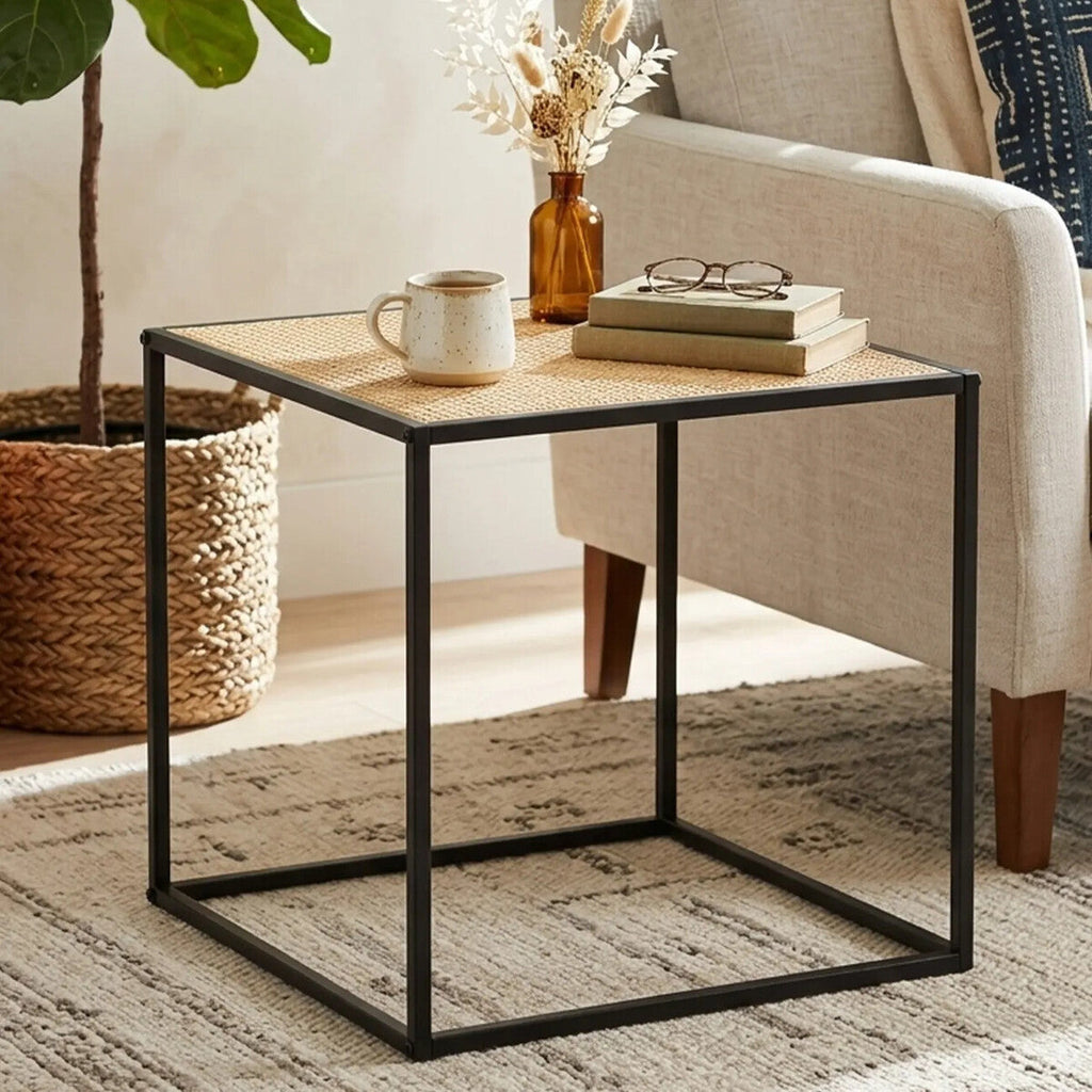 Orsina Depok Rattan Side Table – Square Black Metal Accent Table