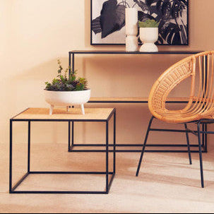 Orsina Depok Square Rattan and Black Metal Coffee Table – Handwoven