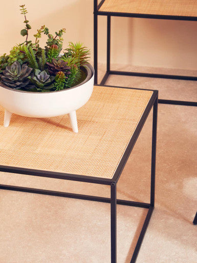 Orsina Depok Square Rattan and Black Metal Coffee Table – Handwoven