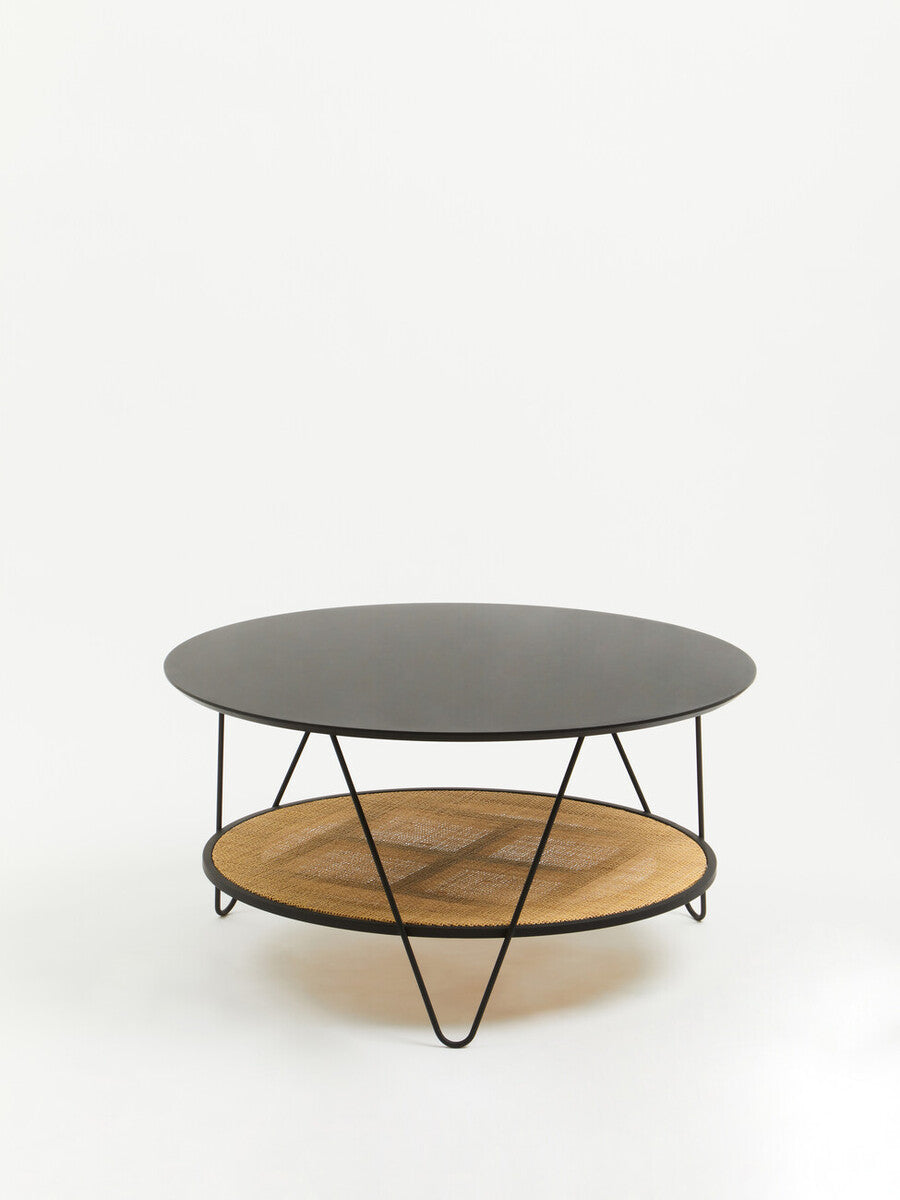 Orsina Depok Round Black Metal and Rattan Coffee Table – Hairpin Legs