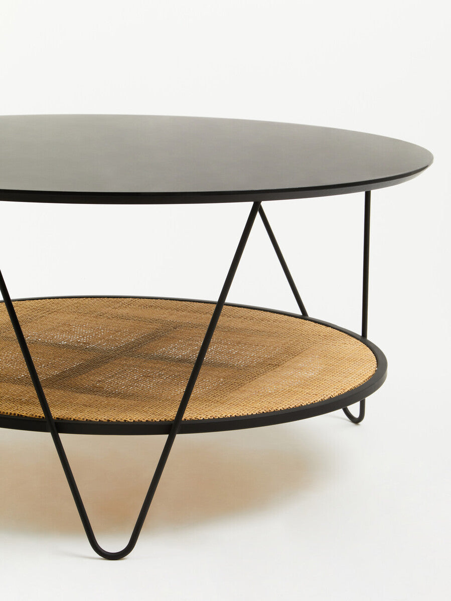 Orsina Depok Round Black Metal and Rattan Coffee Table – Hairpin Legs