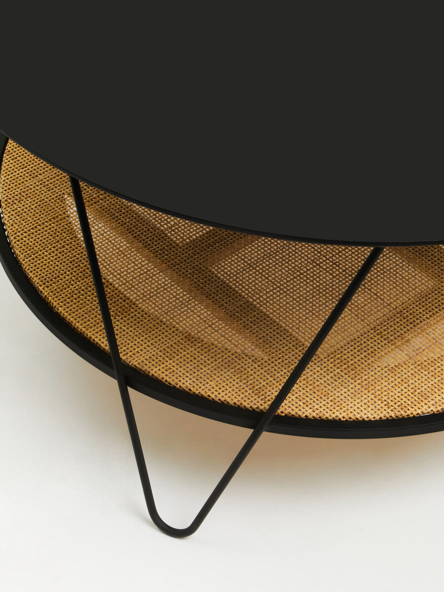 Orsina Depok Round Black Metal and Rattan Coffee Table – Hairpin Legs