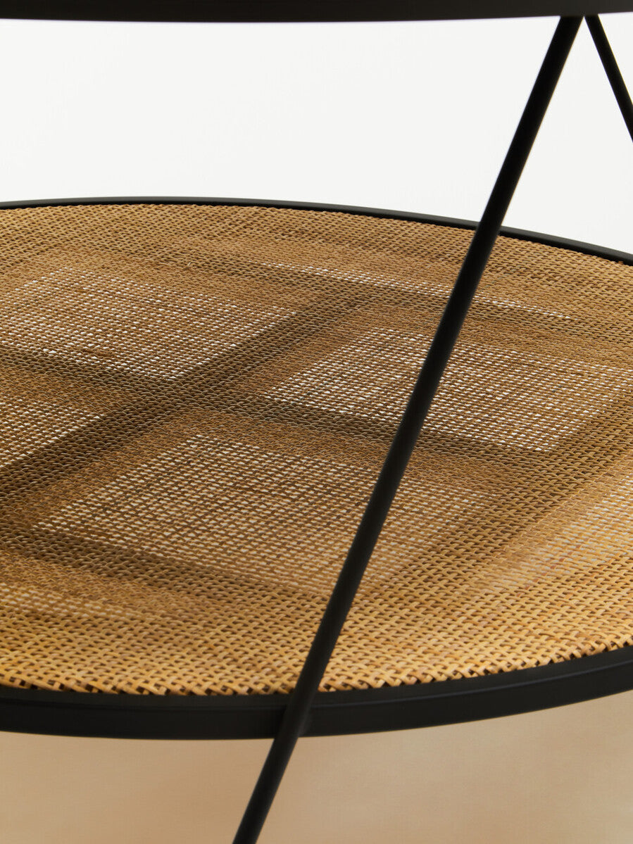Orsina Depok Round Black Metal and Rattan Coffee Table – Hairpin Legs