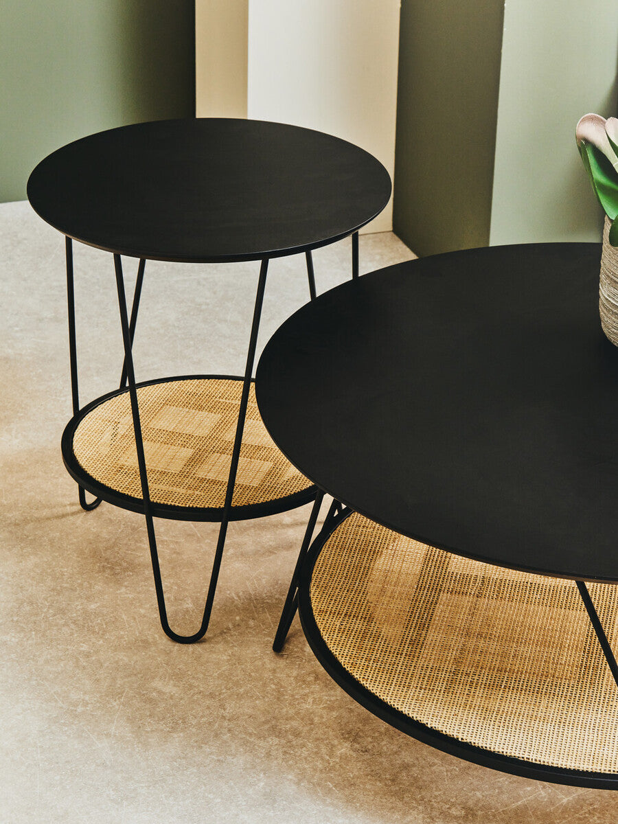 Orsina Depok Round Black Metal and Rattan Coffee Table – Hairpin Legs