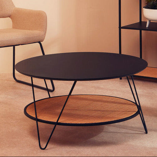 Orsina Depok Round Black Metal and Rattan Coffee Table – Hairpin Legs