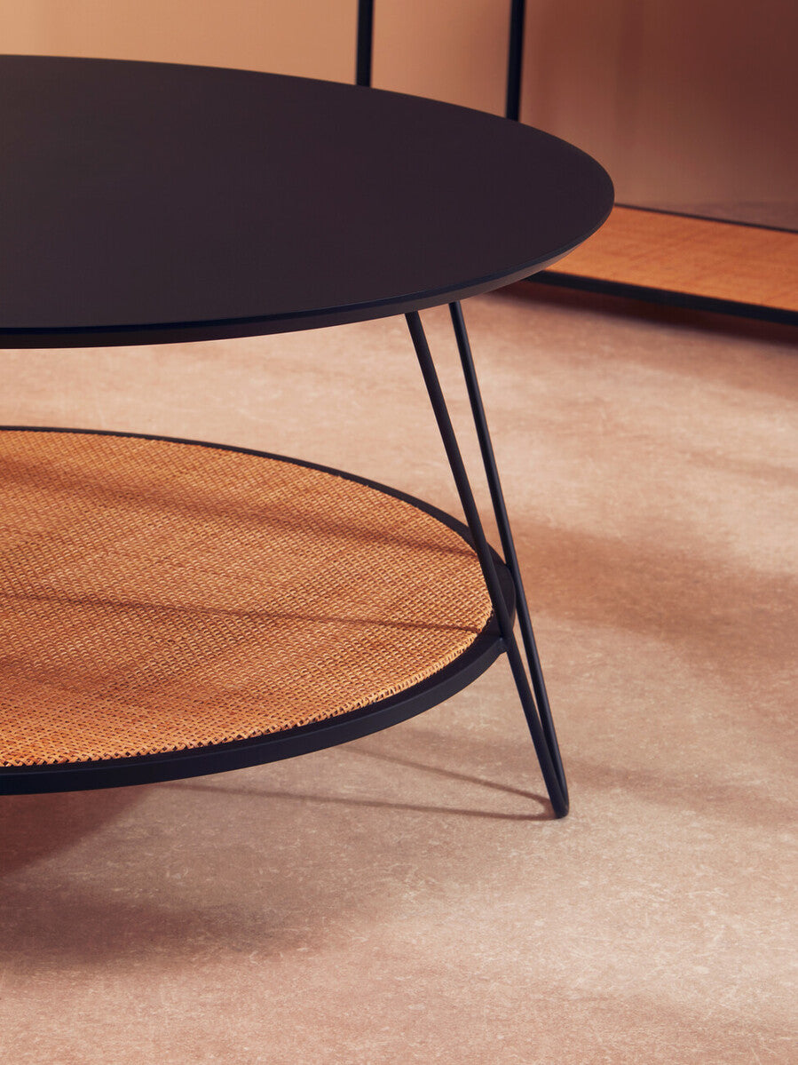 Orsina Depok Round Black Metal and Rattan Coffee Table – Hairpin Legs