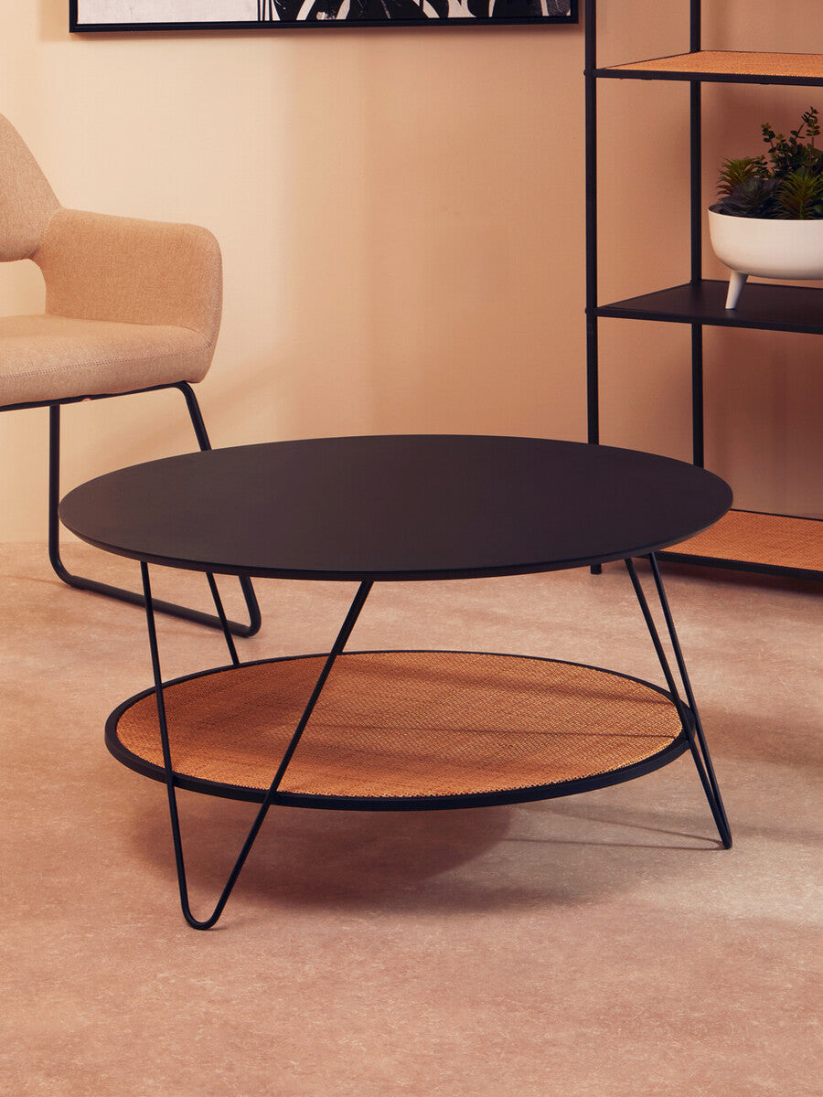 Orsina Depok Round Black Metal and Rattan Coffee Table – Hairpin Legs