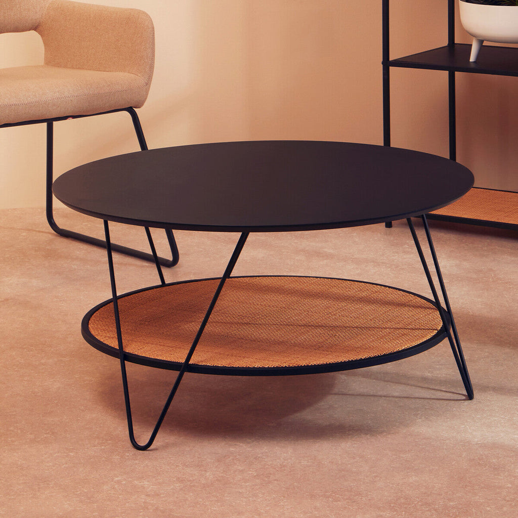 Orsina Depok Round Black Metal and Rattan Coffee Table – Hairpin Legs