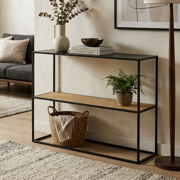 Orsina Depok 2-Tier Rattan and Black Metal Console Entryway Table