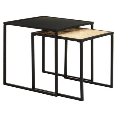 Orsina Depok Nest of 2 Tables – Black Metal and Rattan Square Frames