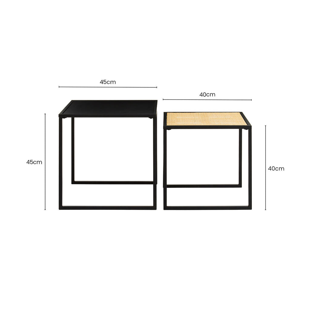 Orsina Depok Nest of 2 Tables – Black Metal and Rattan Square Frames