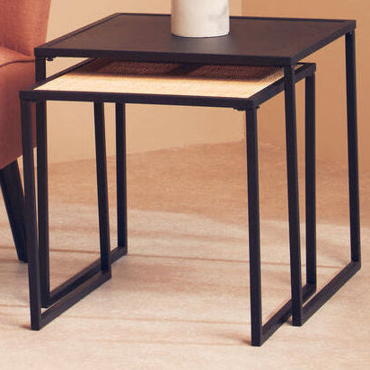 Orsina Depok Nest of 2 Tables – Black Metal and Rattan Square Frames