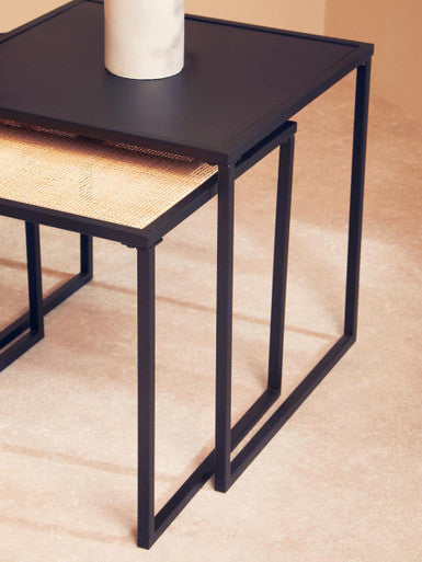 Orsina Depok Nest of 2 Tables – Black Metal and Rattan Square Frames