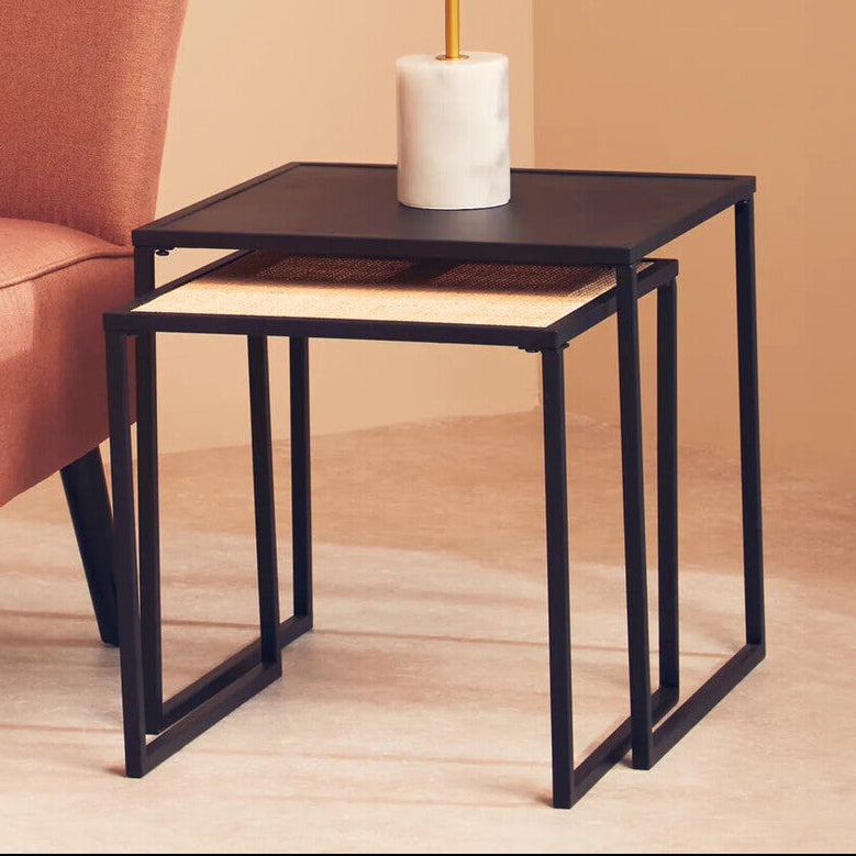Orsina Depok Nest of 2 Tables – Black Metal and Rattan Square Frames
