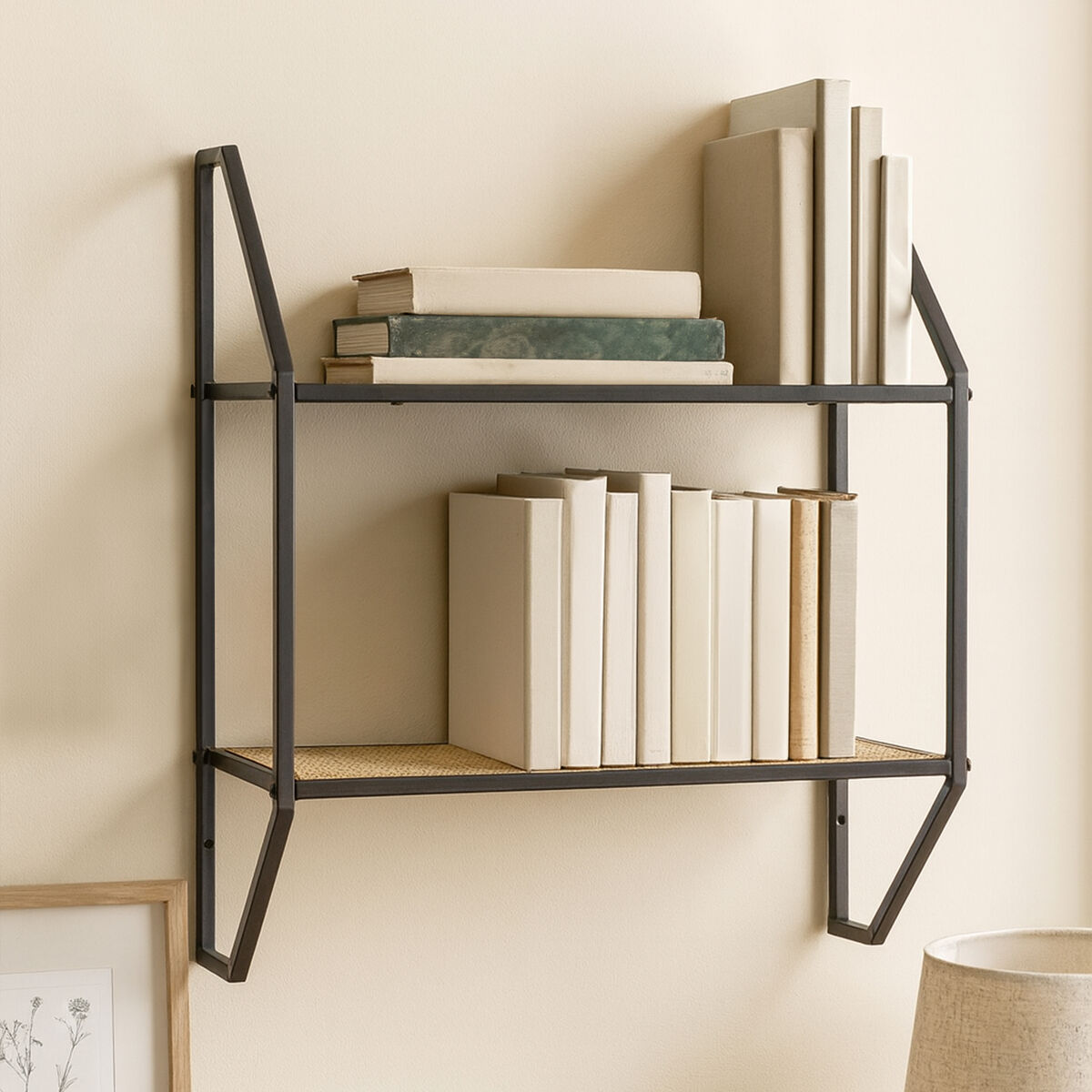 Orsina Depok Two Tier Rattan and Metal Wall Shelf – Modern Storage