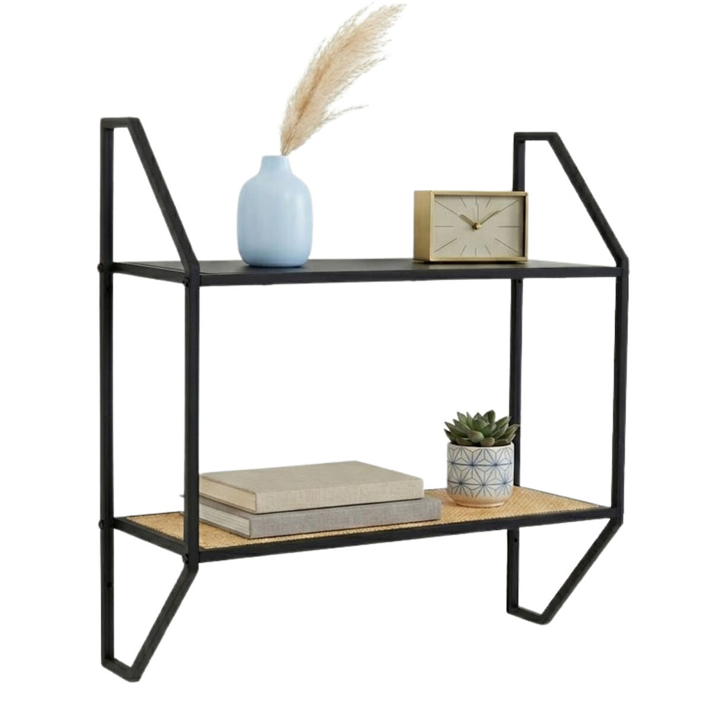 Orsina Depok Two Tier Rattan and Metal Wall Shelf – Modern Storage