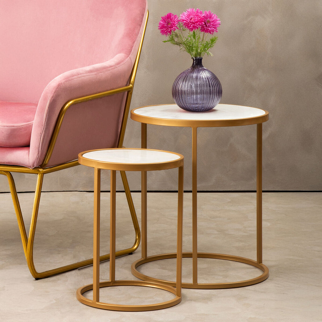 Orsina Colva White Marble and Gold Nesting Tables – Set of 2