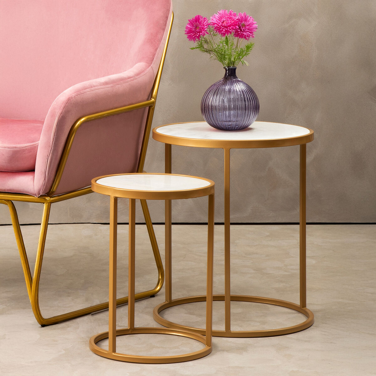 Orsina Colva White Marble and Gold Nesting Tables – Set of 2