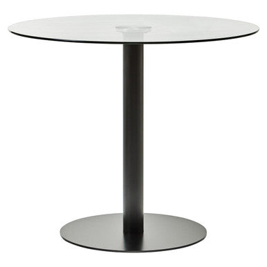 Orsina Metropolitan Round Glass Dining Table – Matt Black Steel Base