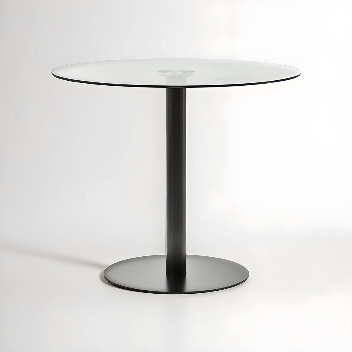 Orsina Metropolitan Round Glass Dining Table – Matt Black Steel Base
