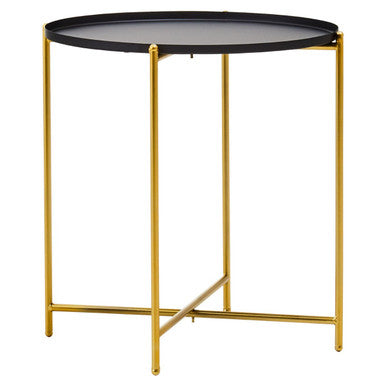 Orsina Round Side Table – Black Tray Top with Gold Iron Stand