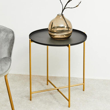 Orsina Round Side Table – Black Tray Top with Gold Iron Stand