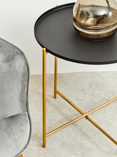 Orsina Round Side Table – Black Tray Top with Gold Iron Stand