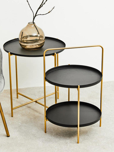 Orsina Round Side Table – Black Tray Top with Gold Iron Stand