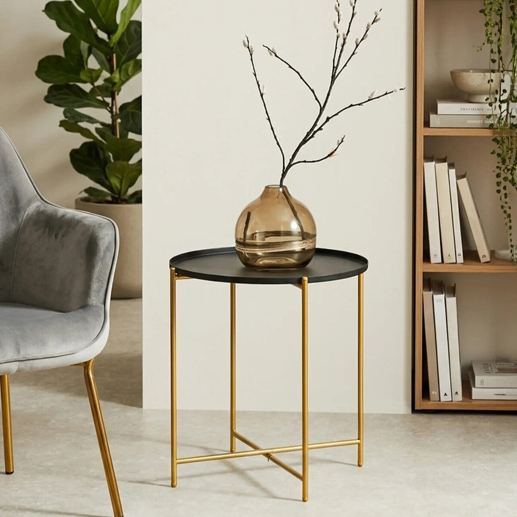 Orsina Round Side Table – Black Tray Top with Gold Iron Stand