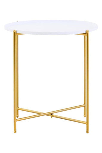 Orsina Trosa Round White Tray Side Table with Gold Criss Cross Base