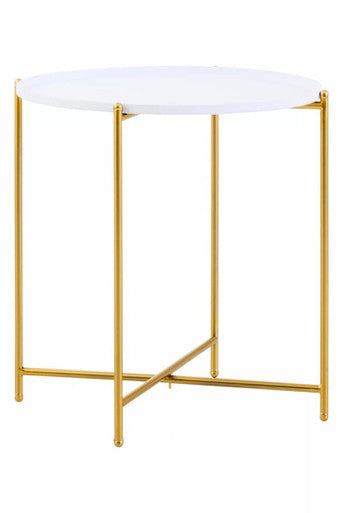 Orsina Trosa Round White Tray Side Table with Gold Criss Cross Base