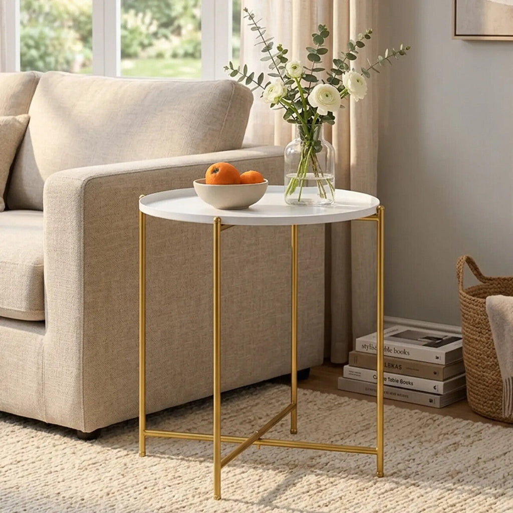 Orsina Trosa Round White Tray Side Table with Gold Criss Cross Base
